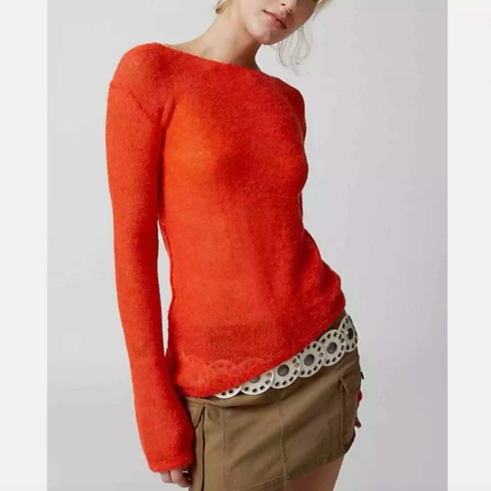NWT Urban Outfitters Santiago Semi-Sheer Asymmetrical Sweater Red